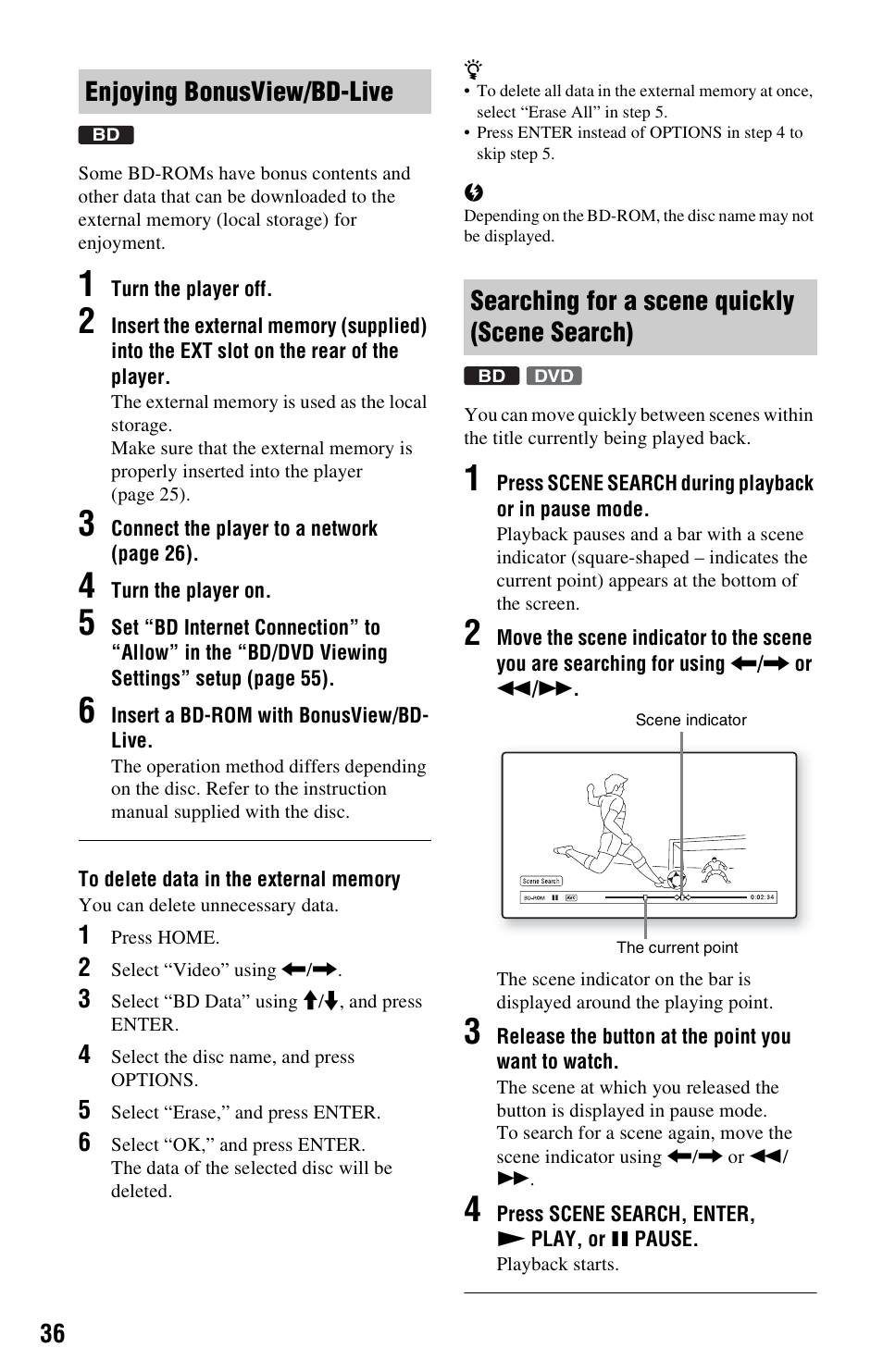 Enjoying bonusview/bd-live, Searching for a scene quickly (scene search) | Sony BDP-S5000ES User Manual | Page 36 / 87