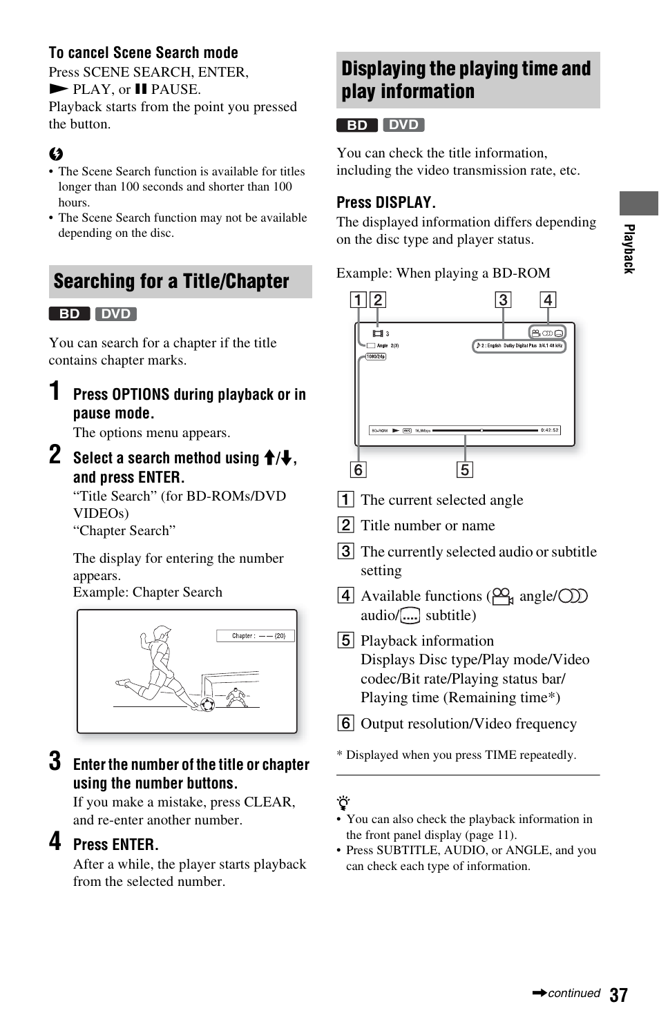 Searching for a title/chapter, Displaying the playing time and play information | Sony BDP-S5000ES User Manual | Page 37 / 87