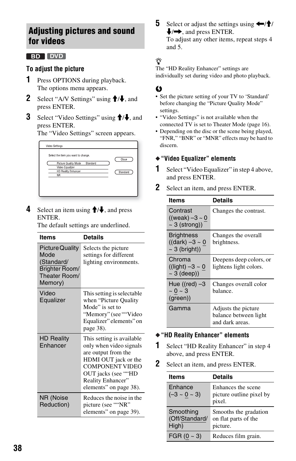 Adjusting pictures and sound for videos | Sony BDP-S5000ES User Manual | Page 38 / 87