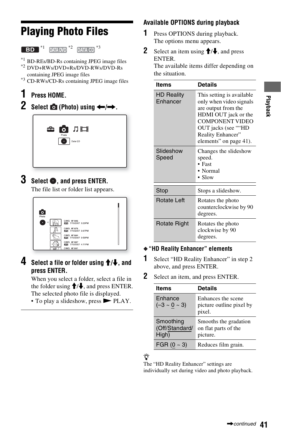 Playing photo files | Sony BDP-S5000ES User Manual | Page 41 / 87
