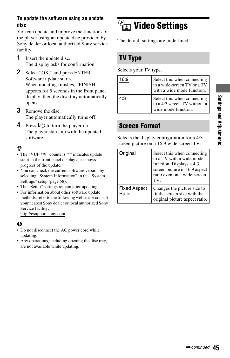 Video settings, Tv type, Screen format | Sony BDP-S5000ES User Manual | Page 45 / 87