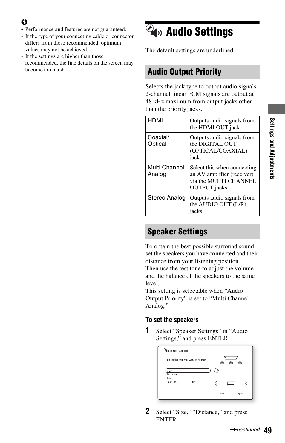 Audio settings, Audio output priority, Speaker settings | Sony BDP-S5000ES User Manual | Page 49 / 87