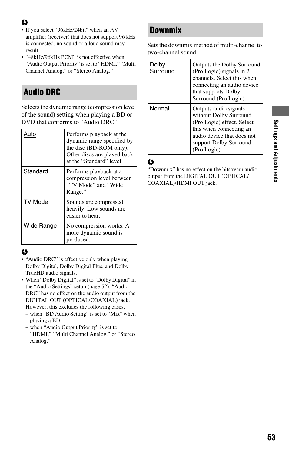 Audio drc, Downmix | Sony BDP-S5000ES User Manual | Page 53 / 87