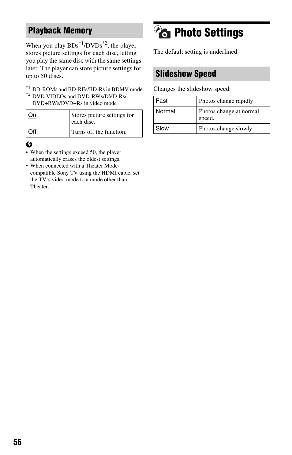 Photo settings, Slideshow speed | Sony BDP-S5000ES User Manual | Page 56 / 87