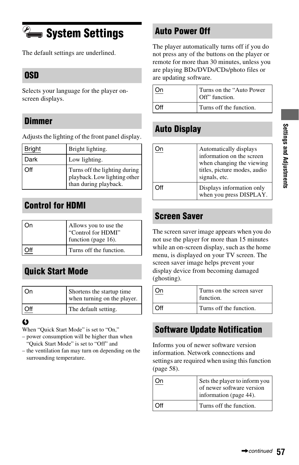 System settings, Osd dimmer, Control for hdmi | Quick start mode, Auto power off, Auto display, Screen saver, Software update notification | Sony BDP-S5000ES User Manual | Page 57 / 87