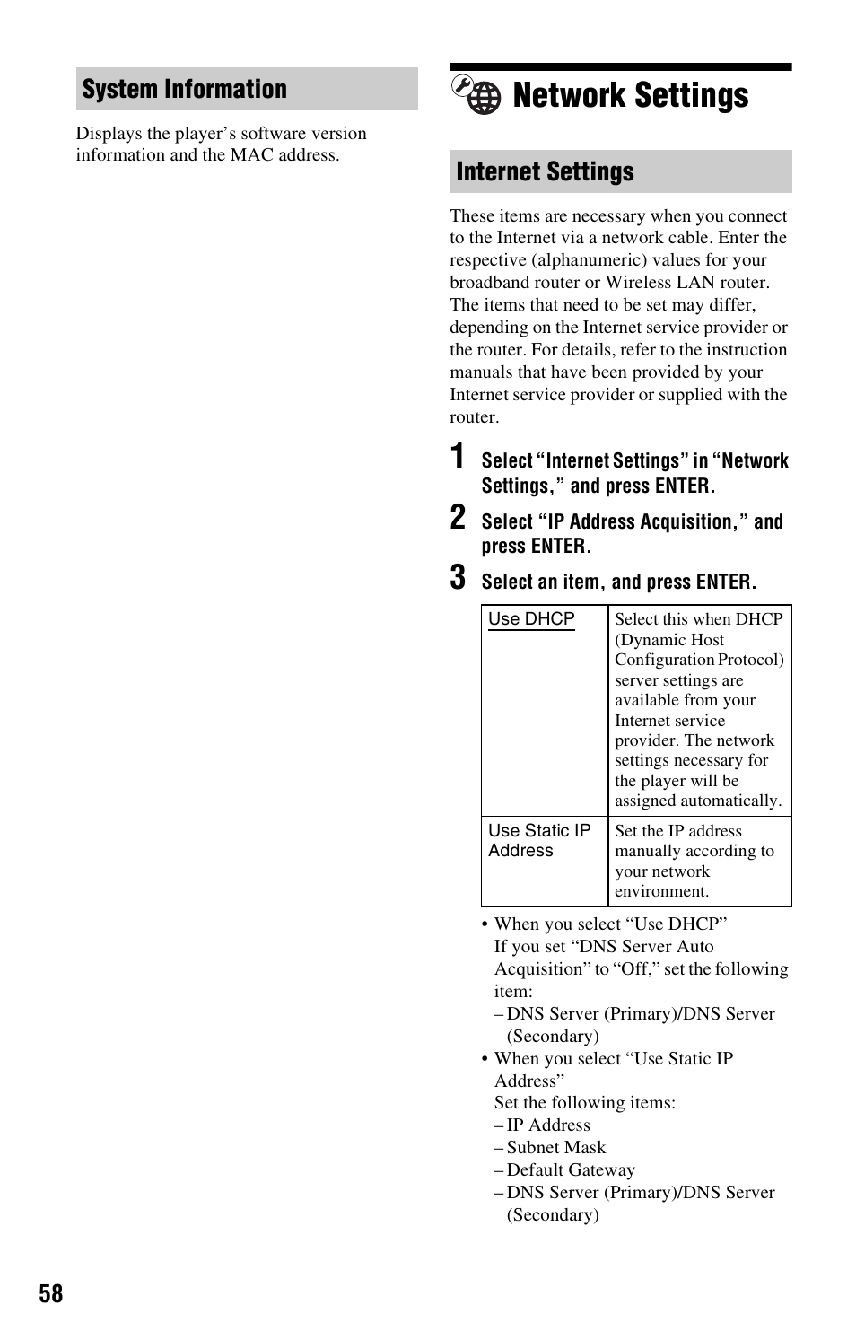 Network settings, System information internet settings | Sony BDP-S5000ES User Manual | Page 58 / 87