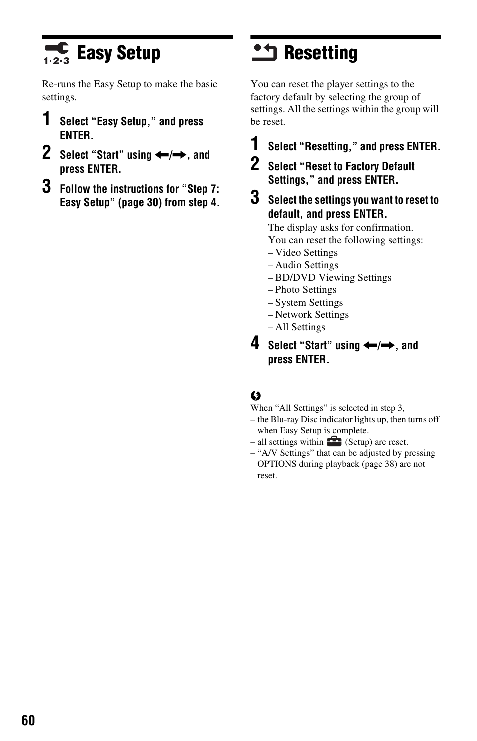 Easy setup, Resetting, Easy setup resetting | Sony BDP-S5000ES User Manual | Page 60 / 87