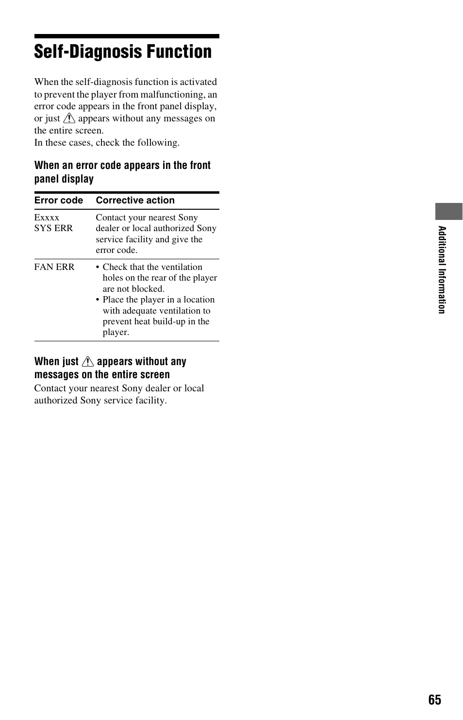 Self-diagnosis function | Sony BDP-S5000ES User Manual | Page 65 / 87