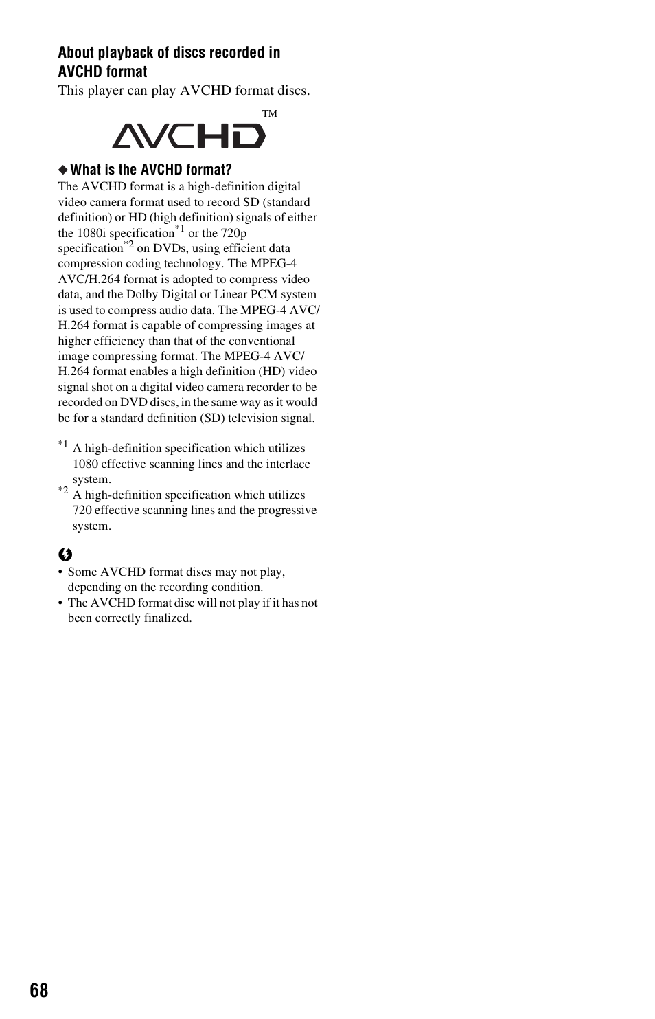 About playback of discs recorded in avchd format | Sony BDP-S5000ES User Manual | Page 68 / 87