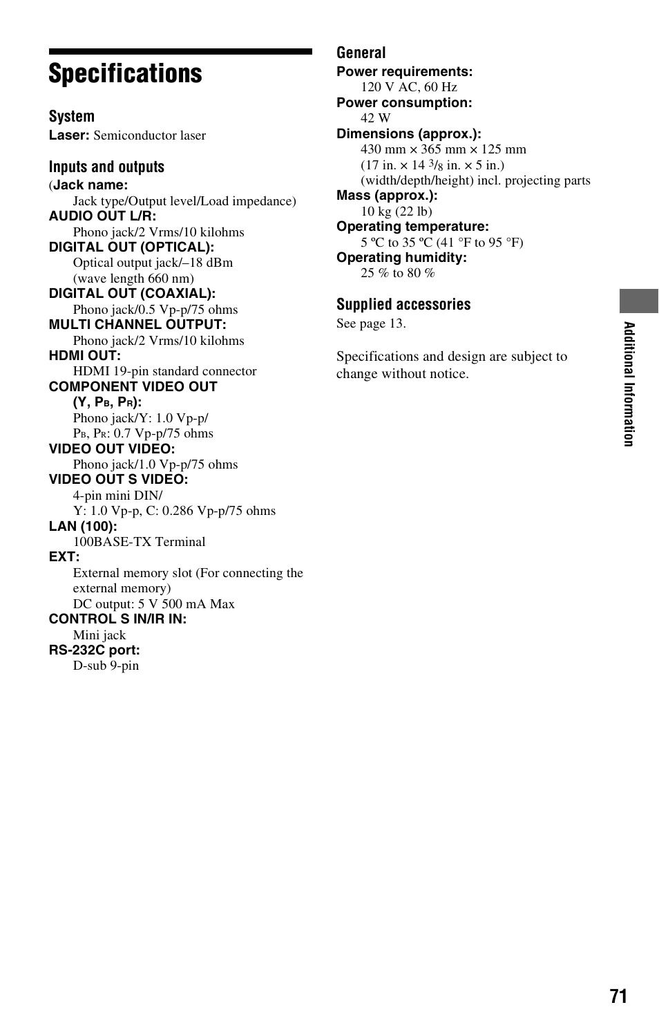 Specifications | Sony BDP-S5000ES User Manual | Page 71 / 87