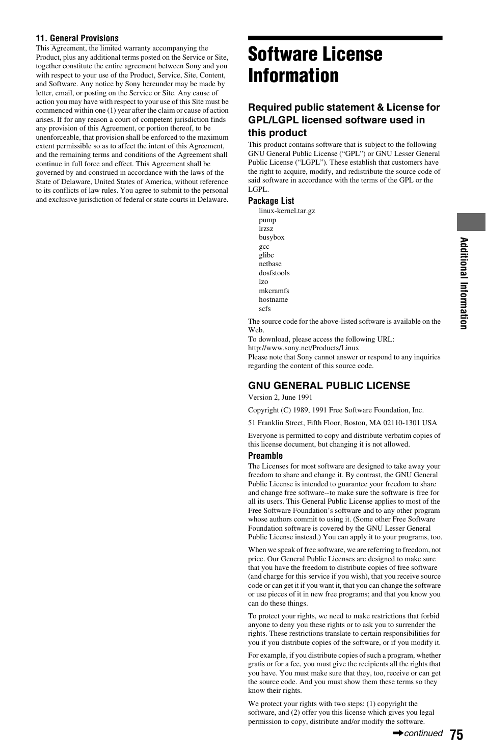 Software license information | Sony BDP-S5000ES User Manual | Page 75 / 87