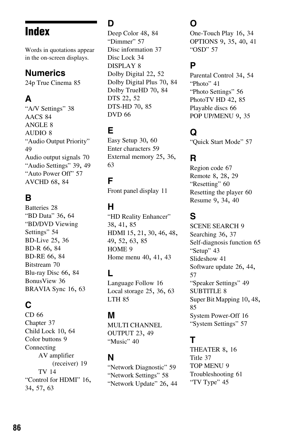 Index, Numerics | Sony BDP-S5000ES User Manual | Page 86 / 87