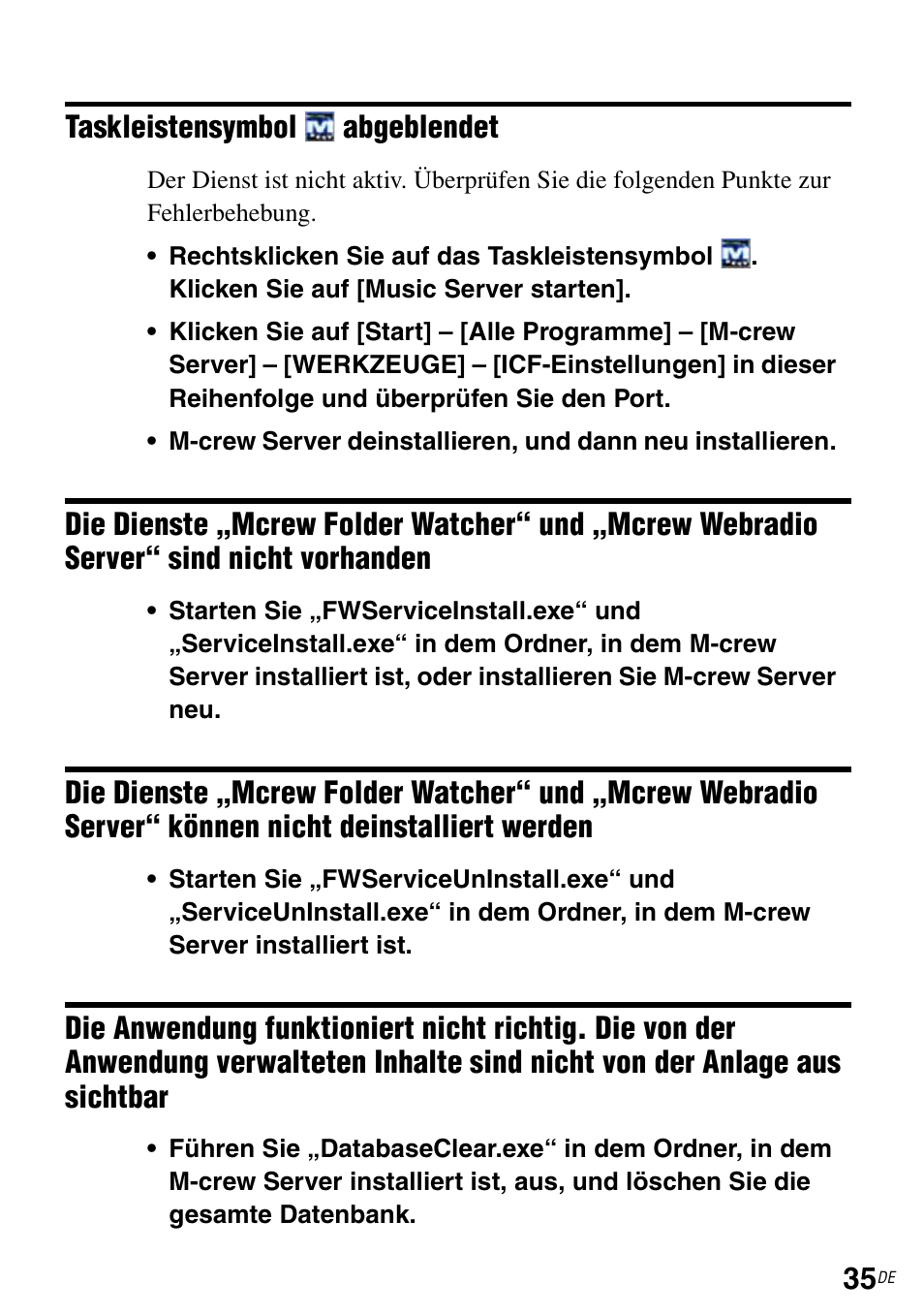 Taskleistensymbol, Abgeblendet, Server“ sind nicht vorhanden | Server“ können nicht deinstalliert werden | Sony CPF-IX001 User Manual | Page 135 / 374