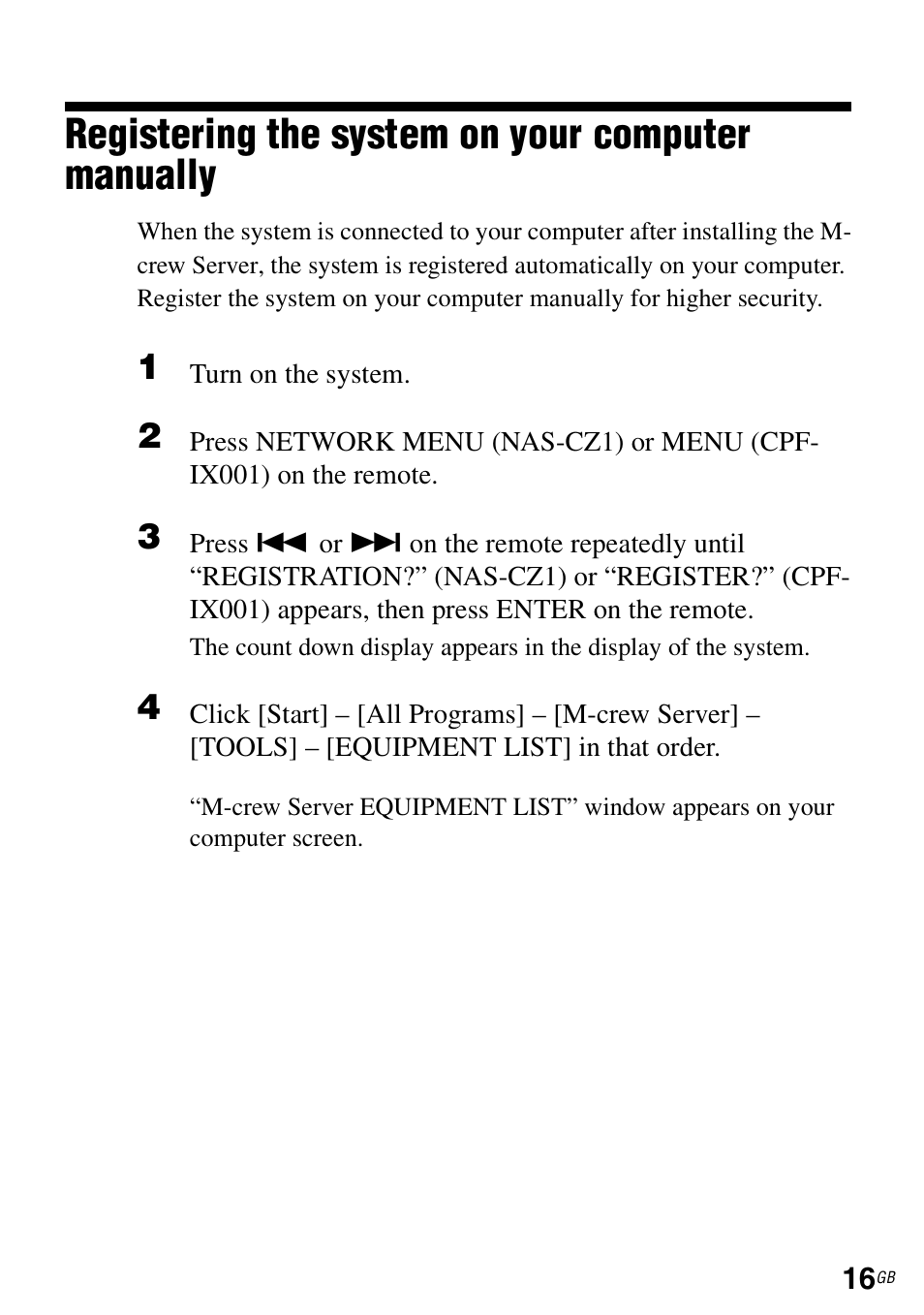 Registering the system on your computer manually | Sony CPF-IX001 User Manual | Page 16 / 374