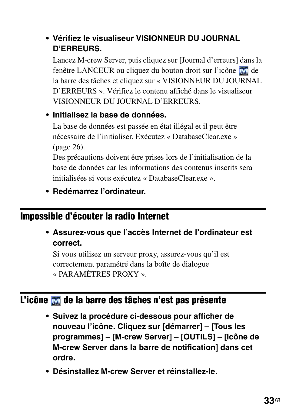 Impossible d’écouter la radio internet l’icône, De la barre des tâches n’est pas présente | Sony CPF-IX001 User Manual | Page 65 / 374