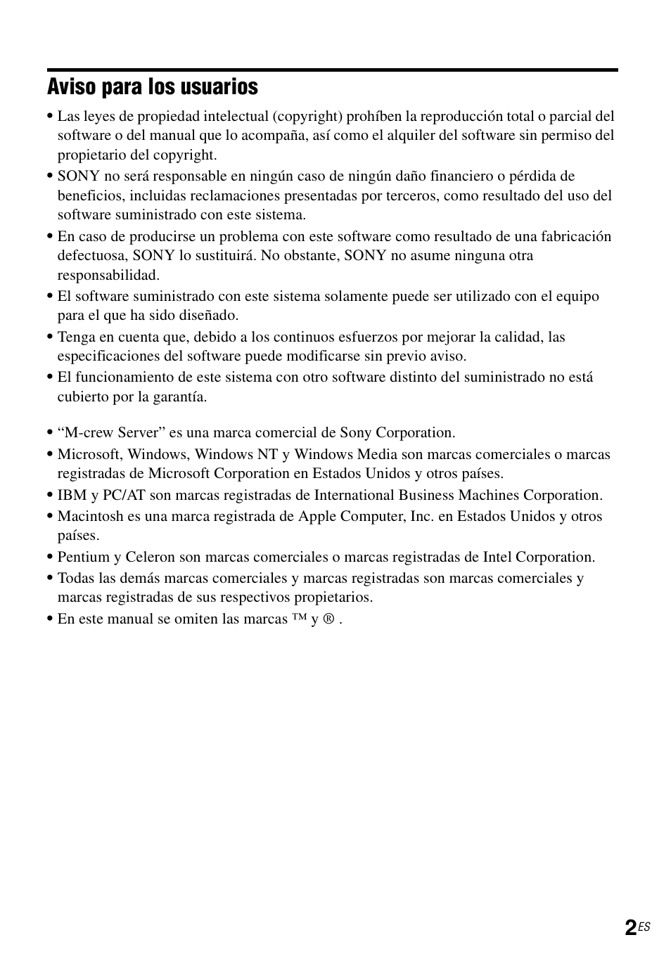 Aviso para los usuarios | Sony CPF-IX001 User Manual | Page 68 / 374