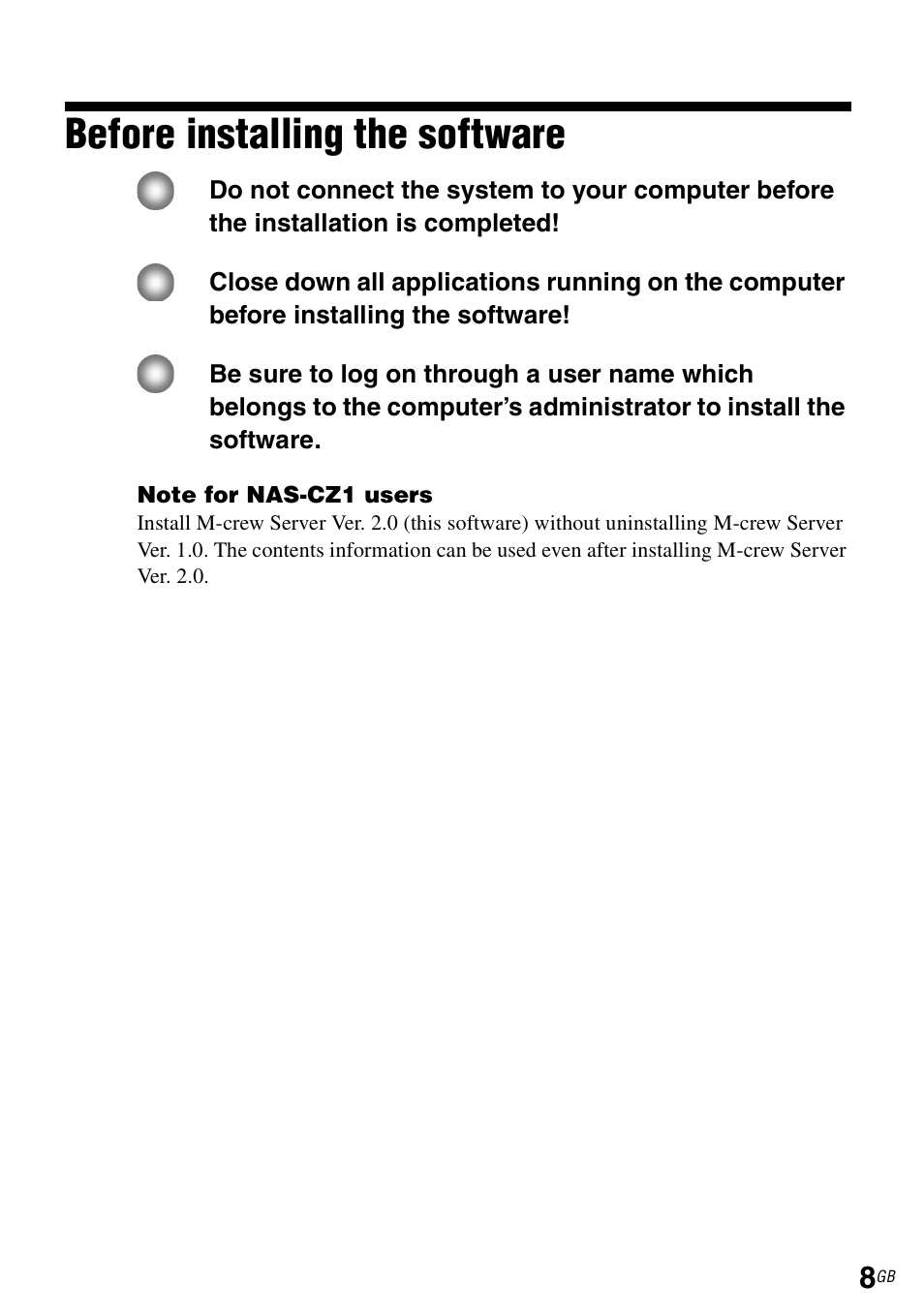 Before installing the software | Sony CPF-IX001 User Manual | Page 8 / 374