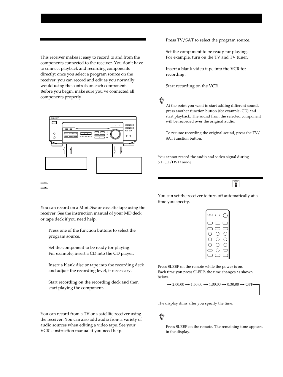 Recording 14 using the sleep timer 14, Recording, Using the sleep timer | Receiver operations, Recording on a minidisc or audio tape, Recording on a video tape | Sony STR-DE345 User Manual | Page 14 / 76