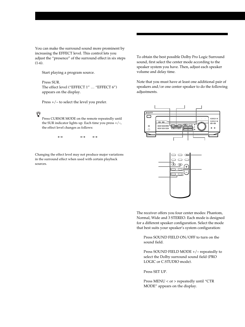 Using surround sound, Selecting the center mode | Sony STR-DE345 User Manual | Page 16 / 76