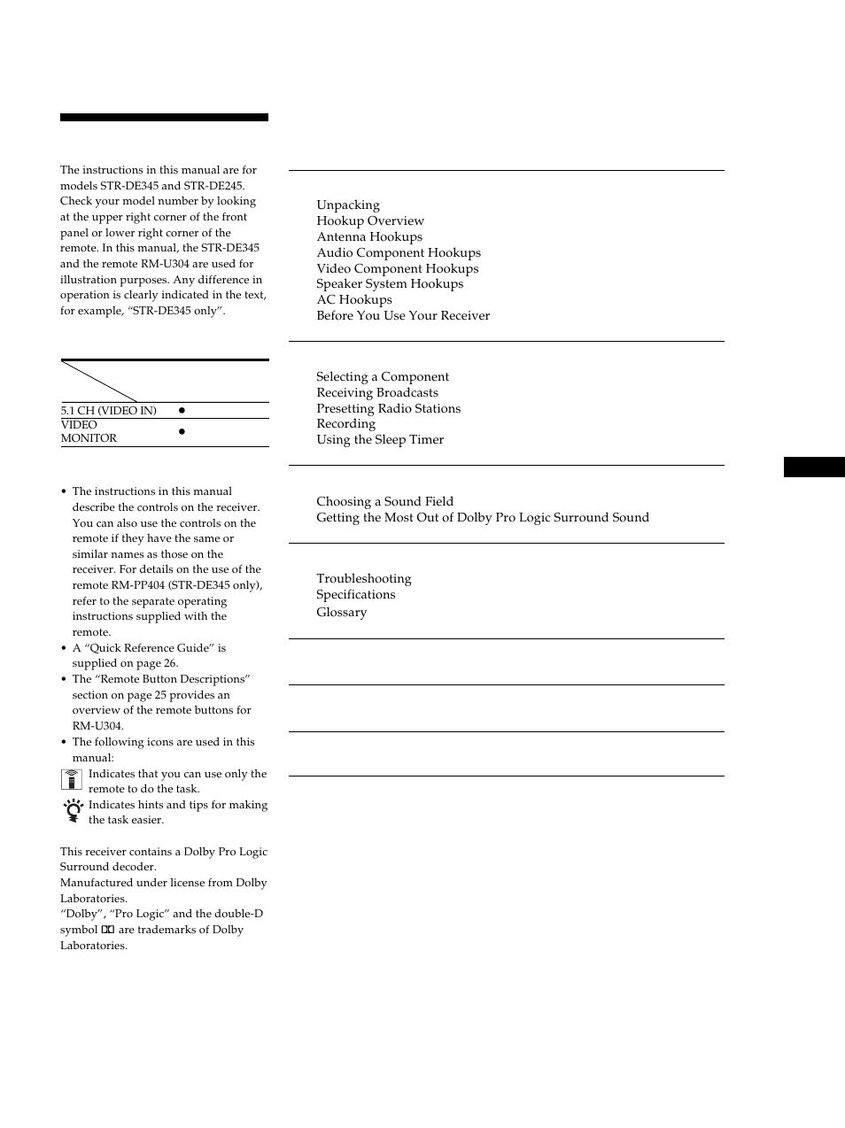 Able of contents, About this manual | Sony STR-DE345 User Manual | Page 3 / 76