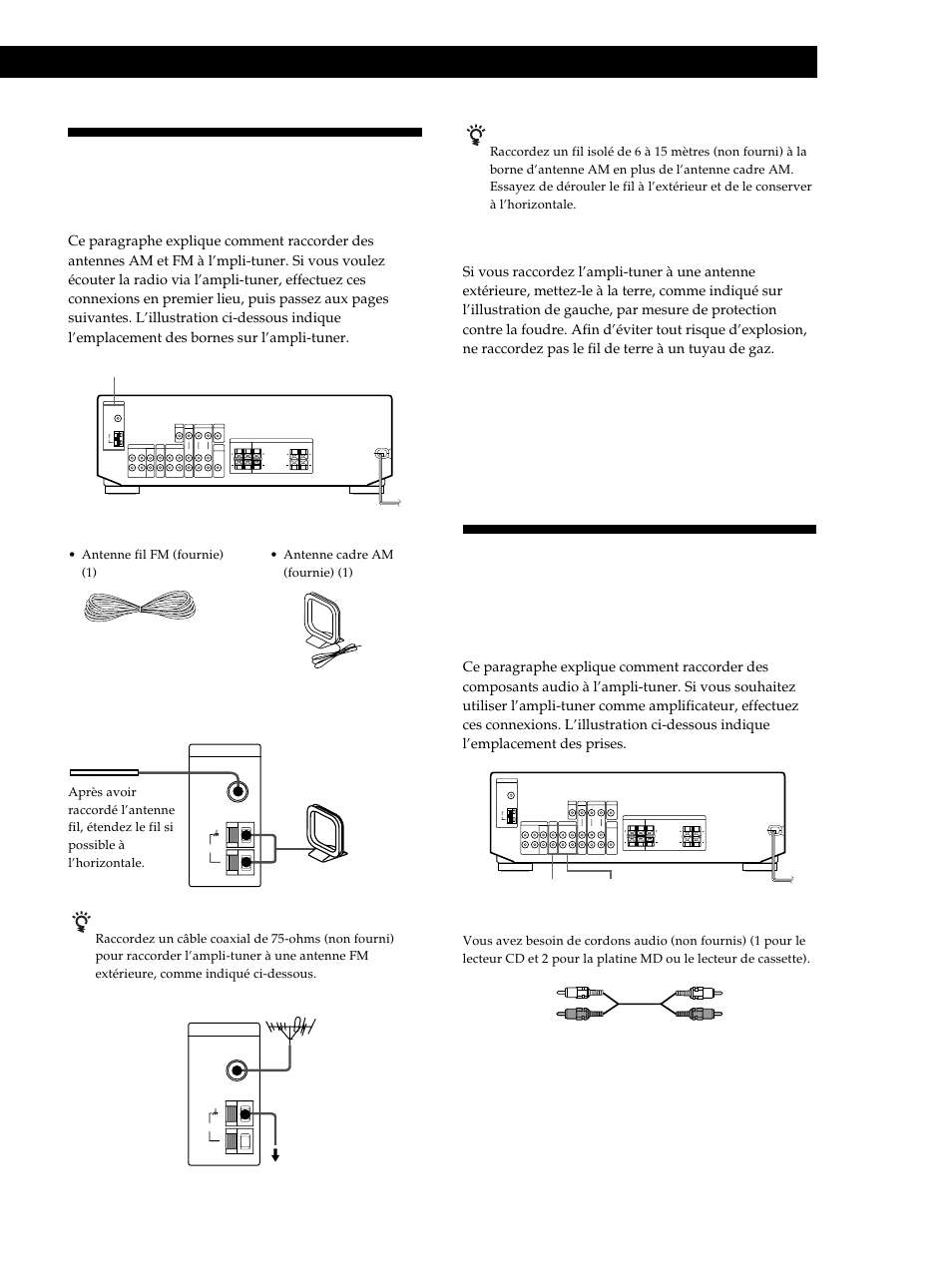 Raccordement d’antennes, Raccordement de composants audio, Préparatifs | Aperçu, Raccordements, Raccordement du fil de terre, Que faire ensuite | Sony STR-DE345 User Manual | Page 30 / 76