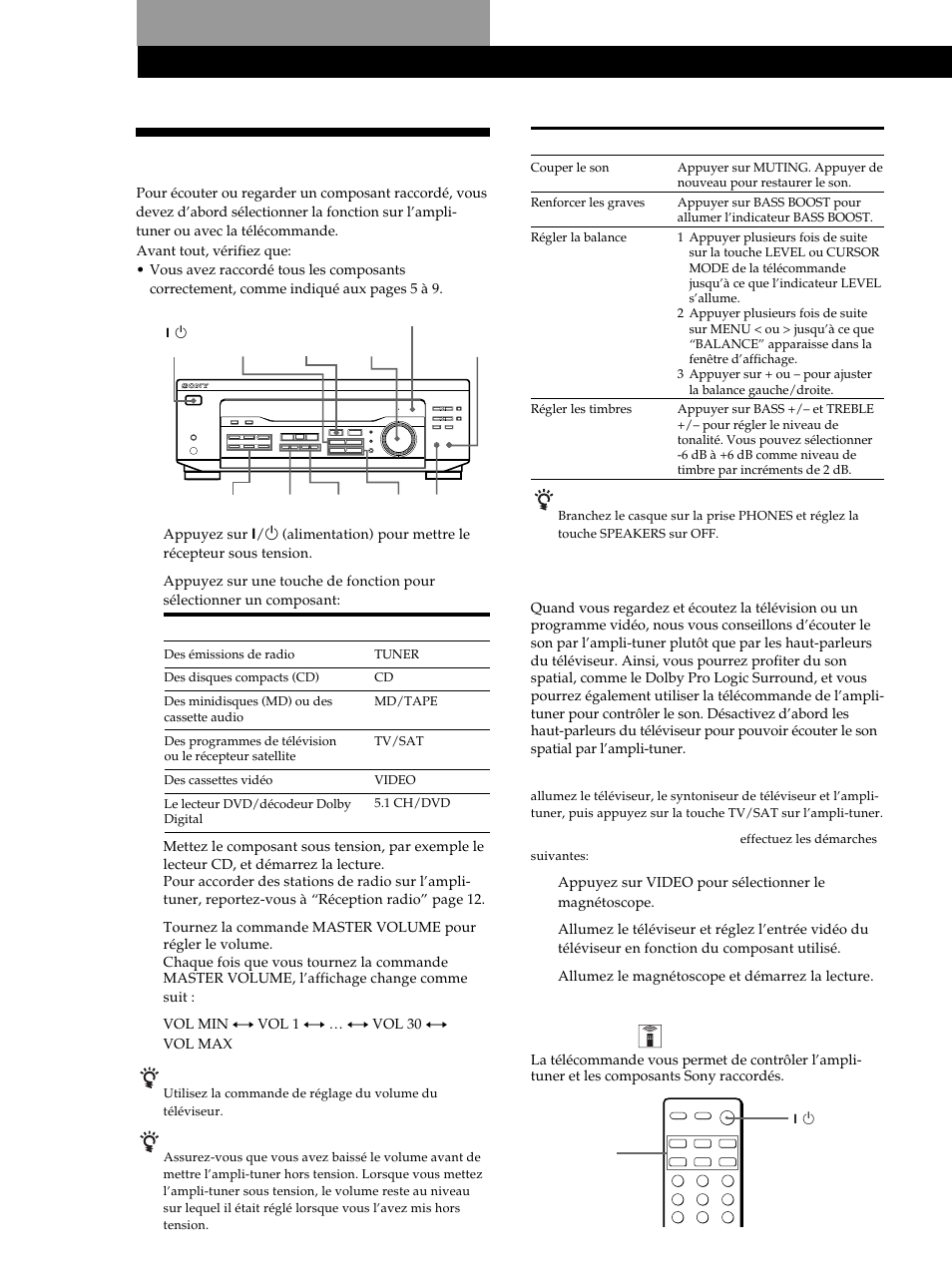 Fonctionnement de l’ampli-tuner, Sélection d’un composant 10, Sélection d’un composant | Pour regarder et écouter des programmes vidéo | Sony STR-DE345 User Manual | Page 35 / 76