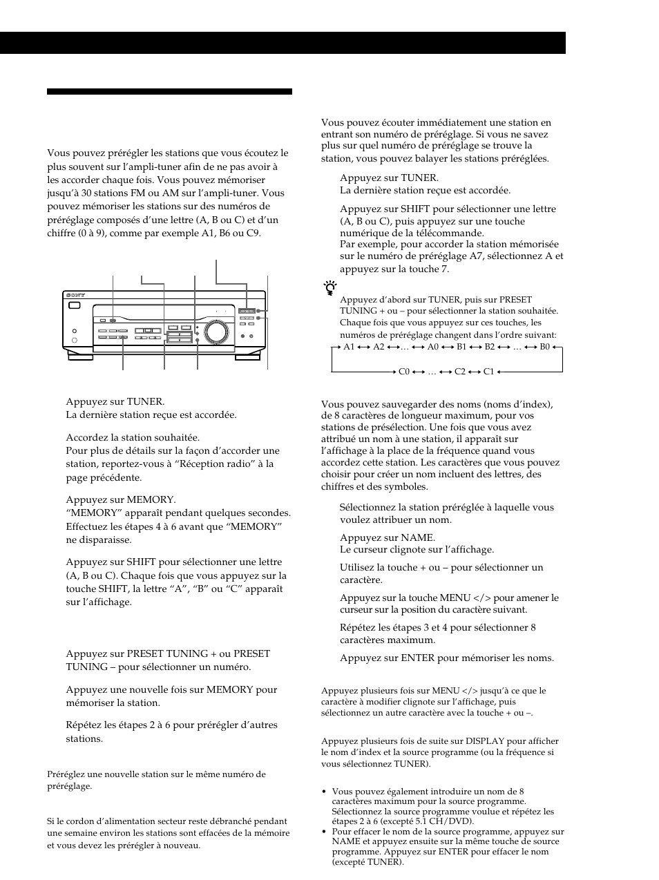 Préréglage des stations de radio 13, Préréglage des stations de radio, Fonctionnement de l’ampli-tuner | Accord des stations préréglées (accord préréglé), Attribution d’un nom aux stations préréglées | Sony STR-DE345 User Manual | Page 38 / 76