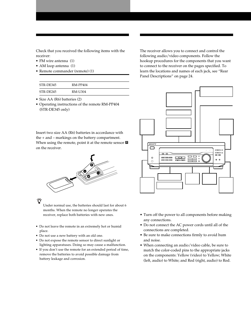 Getting started, Unpacking 4 hookup overview 4, Unpacking | Hookup overview, Inserting batteries into the remote, Before you get started | Sony STR-DE345 User Manual | Page 4 / 76