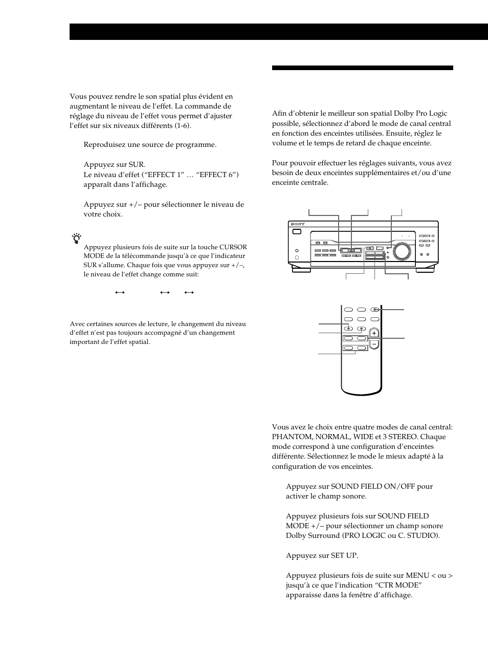 Pour mieux profiter du son spatial dolby pro logic, Ecoute du son spatial, Sélection du mode de canal central | Sony STR-DE345 User Manual | Page 41 / 76