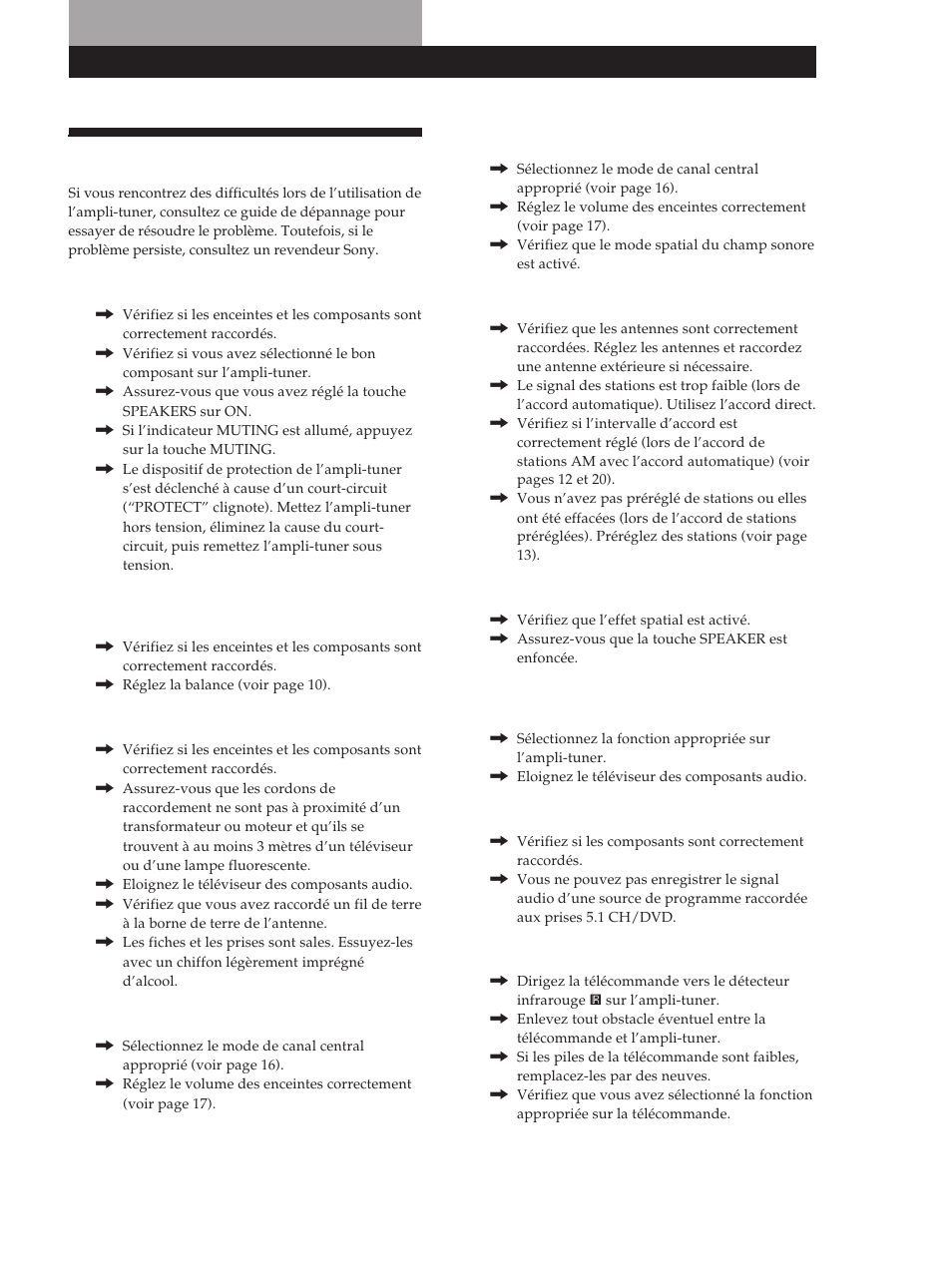 Informations supplémentaires, Guide de dépannage 19, Guide de dépannage | Sony STR-DE345 User Manual | Page 44 / 76