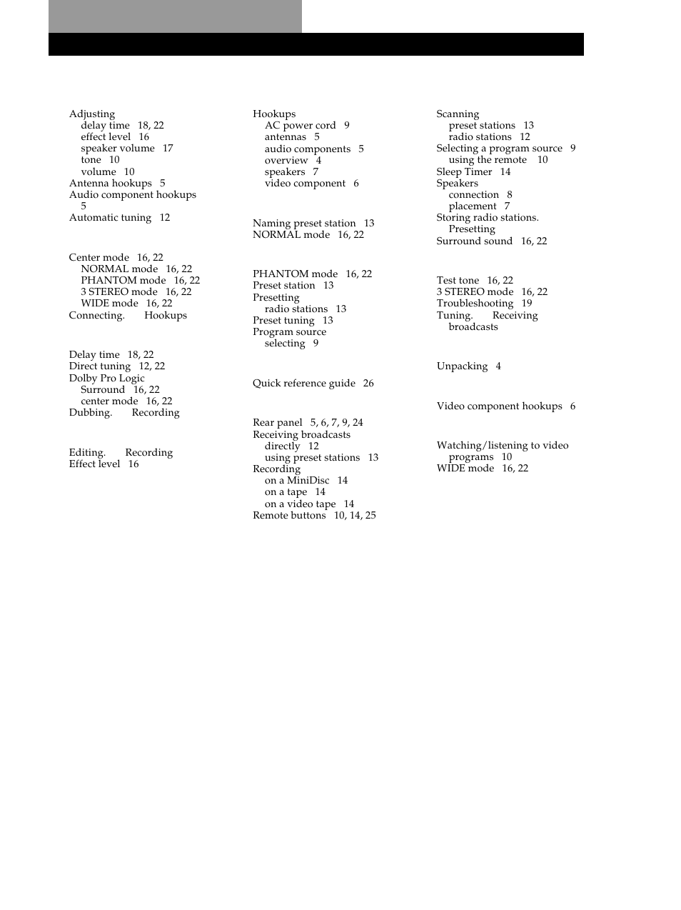Index, Index h, i, j, k, l, m, N, o | A, b, E, f, g, W, x, y, z | Sony STR-DE345 User Manual | Page 48 / 76