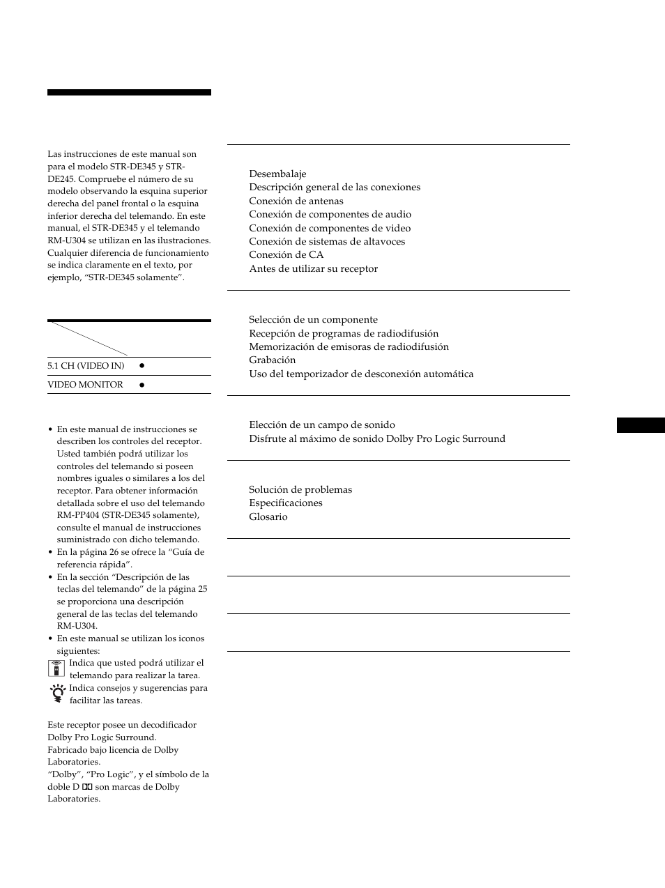 Ndice, Descripción de este manual | Sony STR-DE345 User Manual | Page 53 / 76