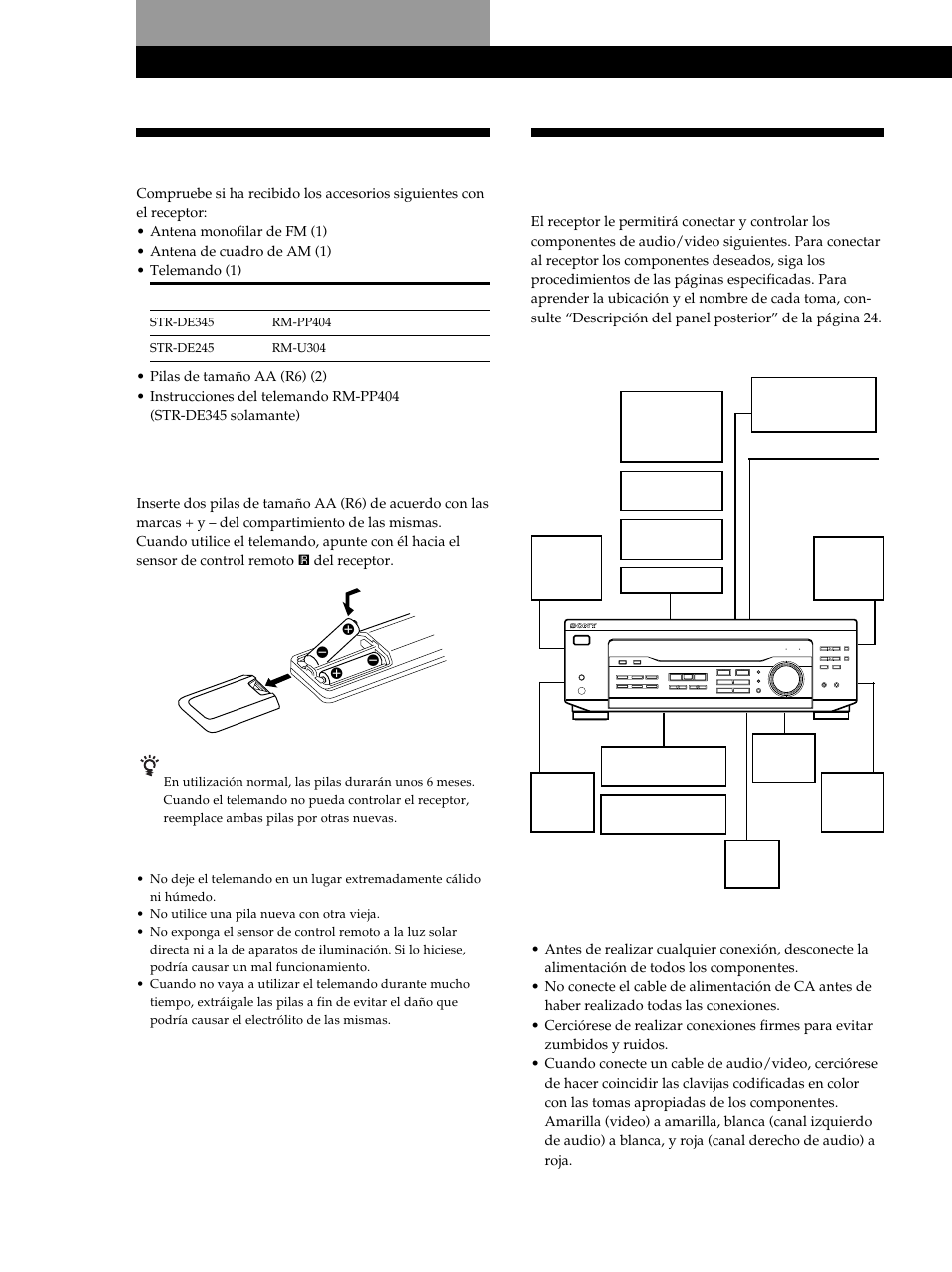 Preparativos, Desembalaje, Descripción general de las conexiones | Colocación de las pilas en el telemando, Antes de comenzar | Sony STR-DE345 User Manual | Page 54 / 76