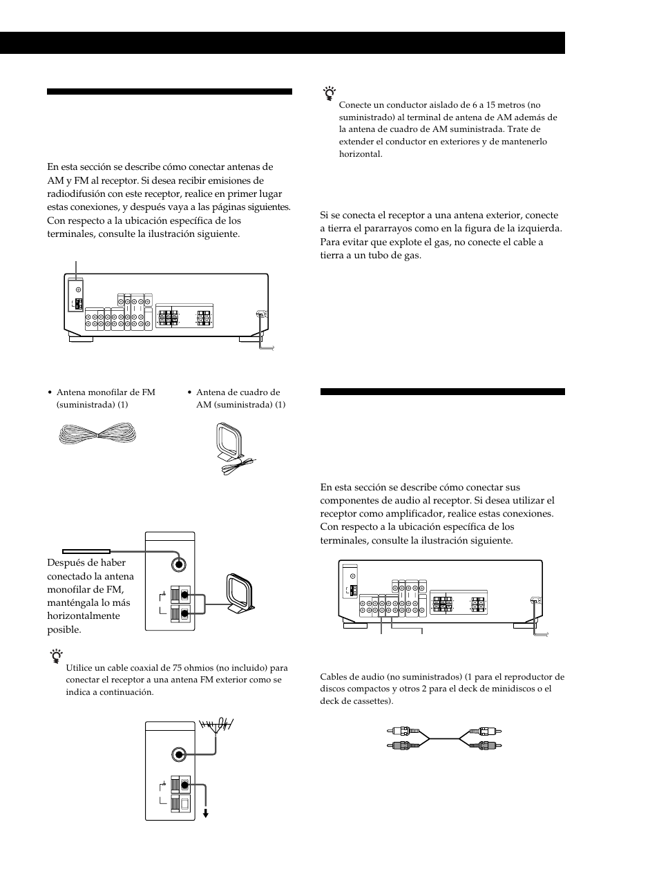 Conexión de componentes de audio, Conexión de antenas, Preparativos | Conexión de un conductor de puesta a tierra, Qué hacer a continuación, Descripción general, Conexiones | Sony STR-DE345 User Manual | Page 55 / 76