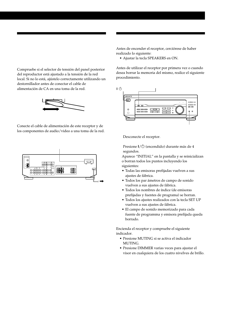Conexión de ca 9 antes de utilizar su receptor 9, Conexión de ca, Antes de utilizar su receptor | Preparativos, Conexión del cable de alimentación de ca, Qué hacer a continuación | Sony STR-DE345 User Manual | Page 59 / 76