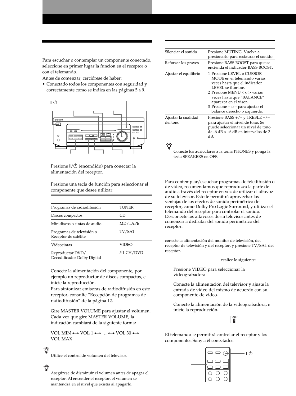 Operaciones del receptor, Selección de un componente 10, Selección de un componente | Contemplación/escucha de programas de video, Utilización del telemando (str-de245 solamente) | Sony STR-DE345 User Manual | Page 60 / 76