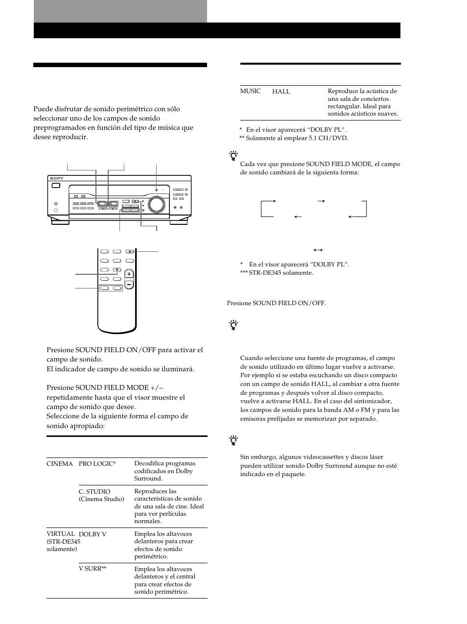Utilización de sonido perimétrico, Elección de un campo de sonido 15, Elección de un campo de sonido | Sony STR-DE345 User Manual | Page 65 / 76