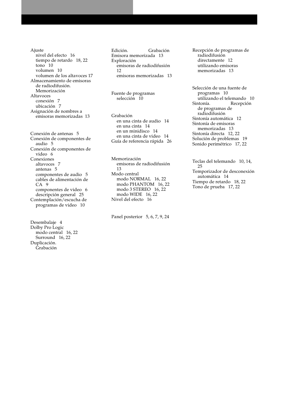 Índice alfabético, T, u, v, w, x, y, z, A, b | G, h, i, j, k, l, M, n, o, P, q | Sony STR-DE345 User Manual | Page 73 / 76