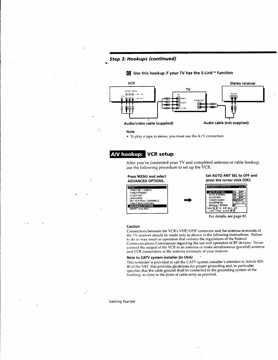 Note, An hookup, Vcr setup | Caution, Note to catv system installer (in usa), An hookup: vcr setup, Step 3: hookups (continued) | Sony SLV-M10HF User Manual | Page 10 / 117