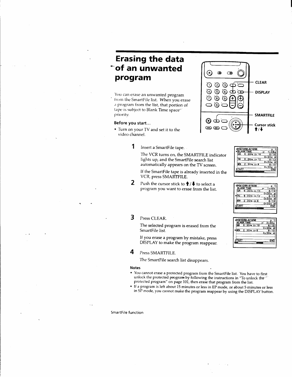 Erasing the data of an unwanted program, Before you start, An ¡3d | Clear, Display, Notes, Turn on your tv and set it to the video channel, 0'0 cd o ’© 0 © 'c^ '© © © a cd © o 0 l, Le/iase-a/ie/oe, P-1l | Sony SLV-M10HF User Manual | Page 101 / 117