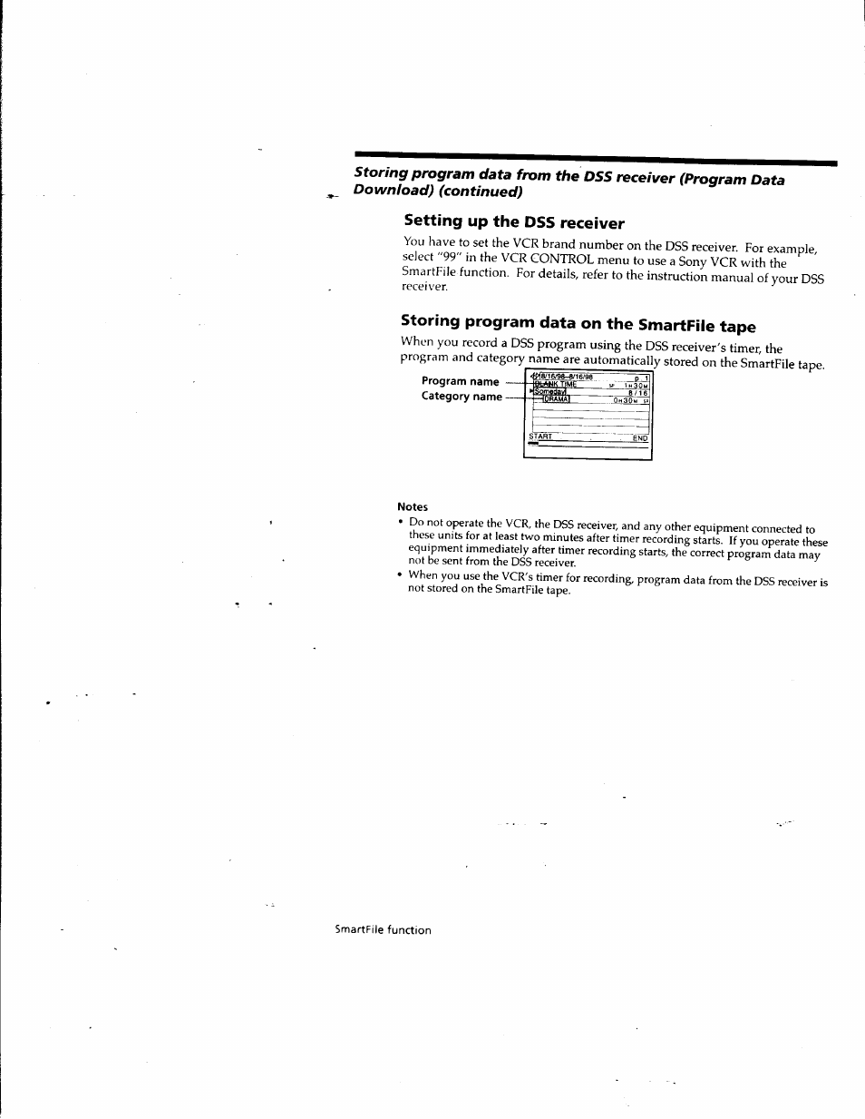 Setting up the dss receiver, Storing program data on the smartfile tape, Program name category name | Notes | Sony SLV-M10HF User Manual | Page 103 / 117
