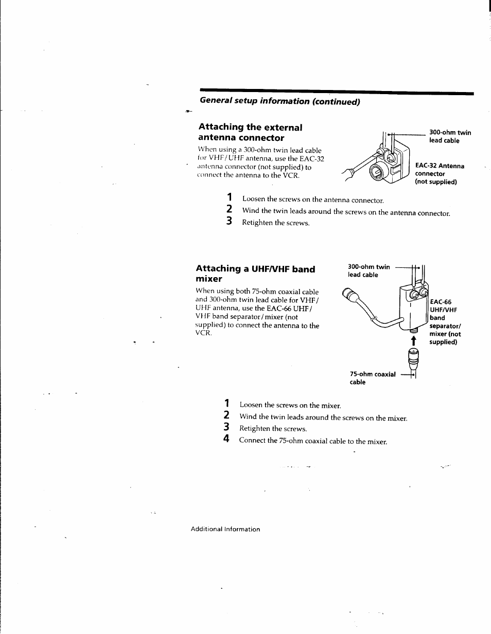 Attaching the external antenna connector, Attaching a uhfa/hf band mixer, Ohm coaxial cable | Sony SLV-M10HF User Manual | Page 105 / 117