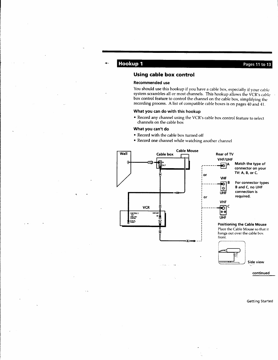 Hookup 1, Using cable box control, Recommended use | What you can do with this hookup, What you can't do, Cable mouse, Rear of tv vhf/uhf, Continued | Sony SLV-M10HF User Manual | Page 11 / 117