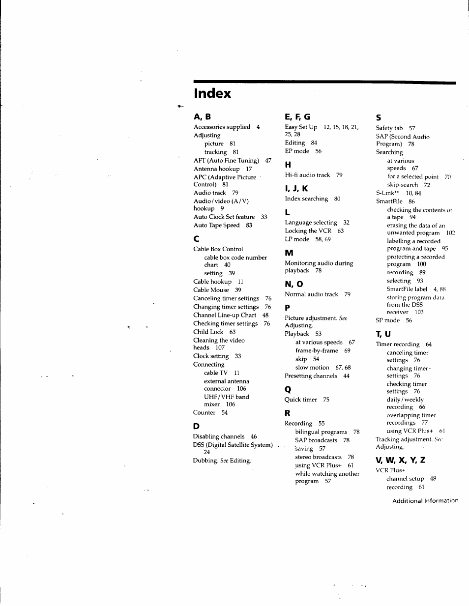 Index, A, b, E, f, g | N, o, T, u, V, w, x, y, z | Sony SLV-M10HF User Manual | Page 116 / 117