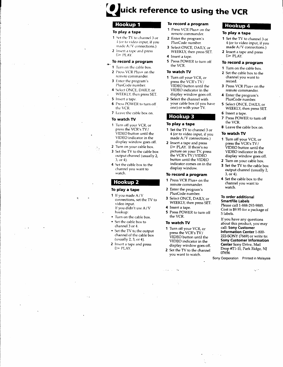 Juick reference to using the vcr, Hookup 1, To play a tape | To record a program, To watch tv, Hookup 2, Hookup 3, Hookup 4 | Sony SLV-M10HF User Manual | Page 117 / 117