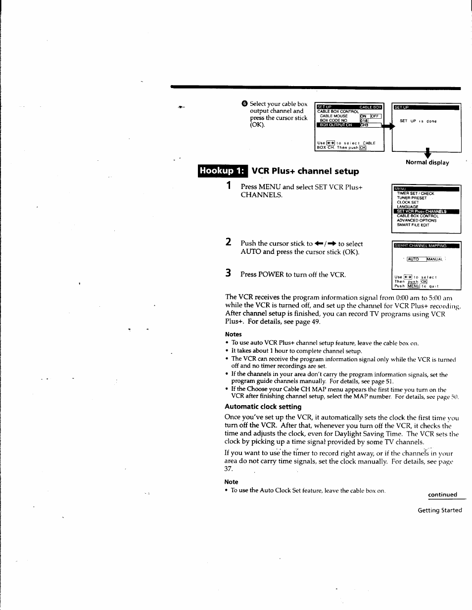 Hookup 1, Vcr plus+ channel setup, Normal display | Notes, Automatic clock setting, Note, Hookup 1: vcr plus+ channel setup | Sony SLV-M10HF User Manual | Page 13 / 117