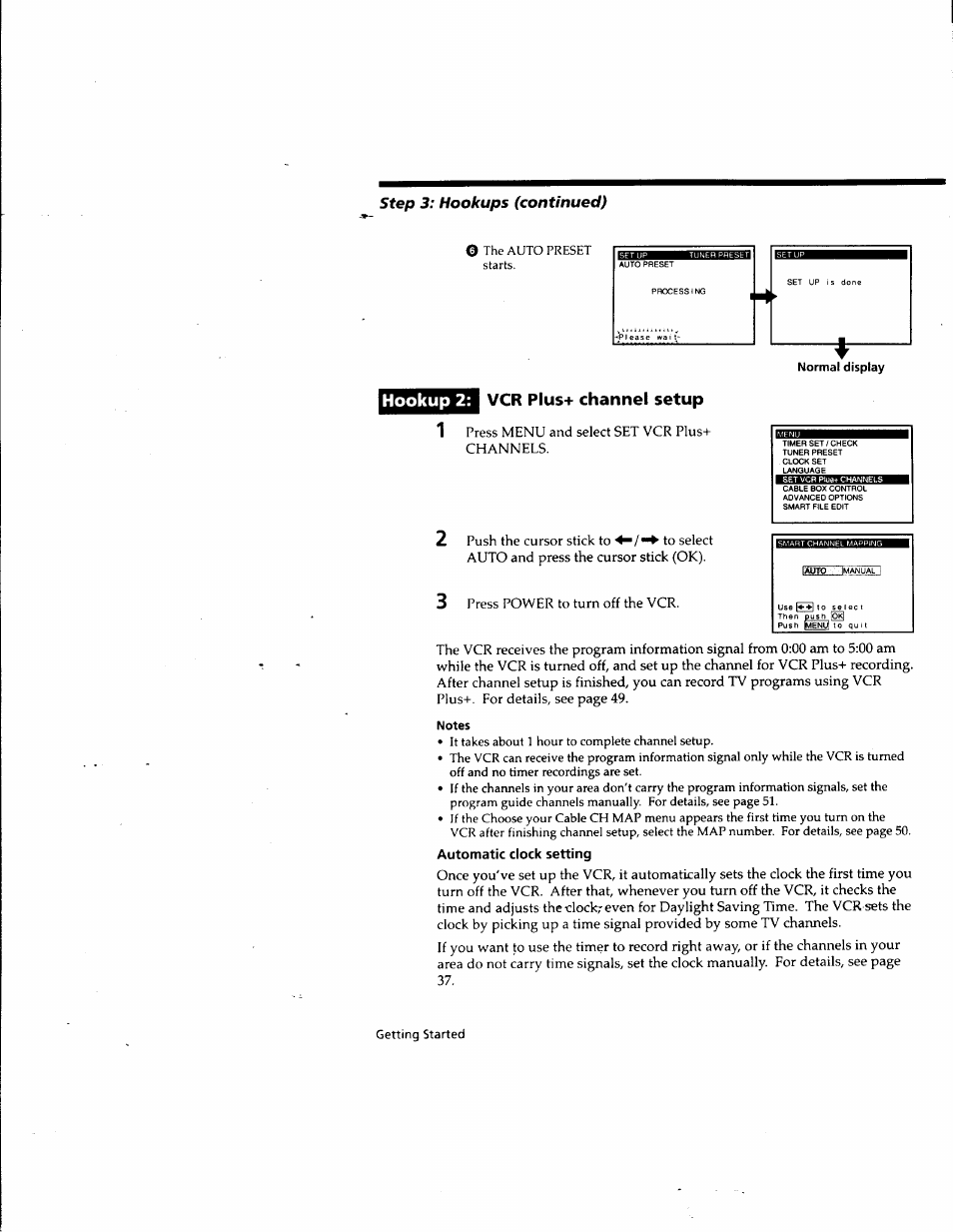 Vcr plus+ channel setup, Notes, Automatic clock setting | Hookup 2: vcr plus+ channel setup, Step 3: hookups (continued) | Sony SLV-M10HF User Manual | Page 16 / 117