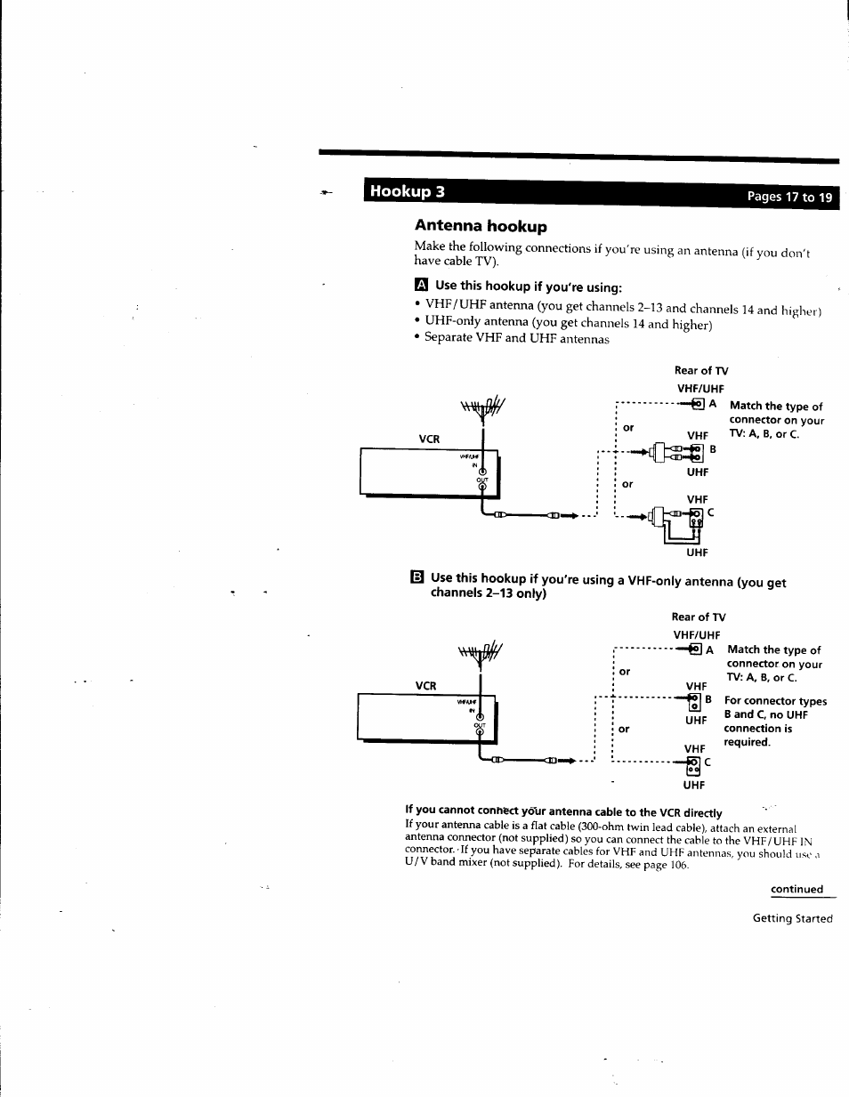 Hookup 3, Antenna hookup, Use this hookup if you're using | Rear of tv vhf/uhf, Connection is required, Continued | Sony SLV-M10HF User Manual | Page 17 / 117