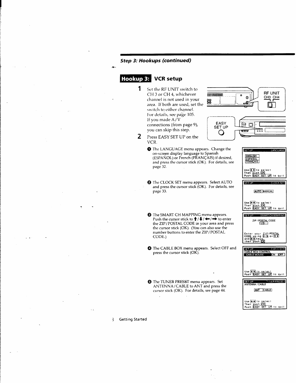 Hookup 3, Vcr setup, Hookup 3: vcr setup | Step 3: hookups (continued) | Sony SLV-M10HF User Manual | Page 18 / 117