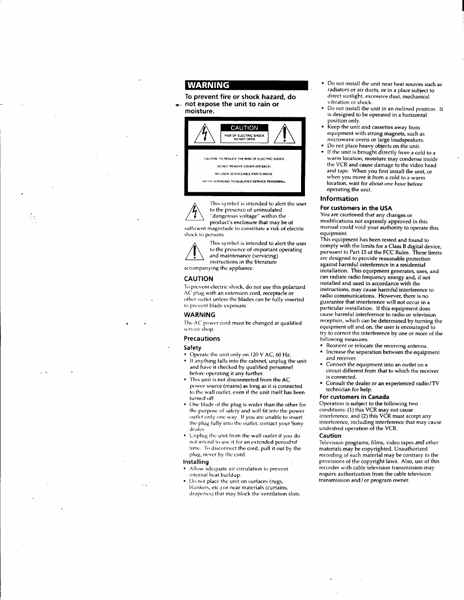 Warning, Caution, Precautions | Safety, Installing, Information, For customers in the usa, For customers in canada | Sony SLV-M10HF User Manual | Page 2 / 117